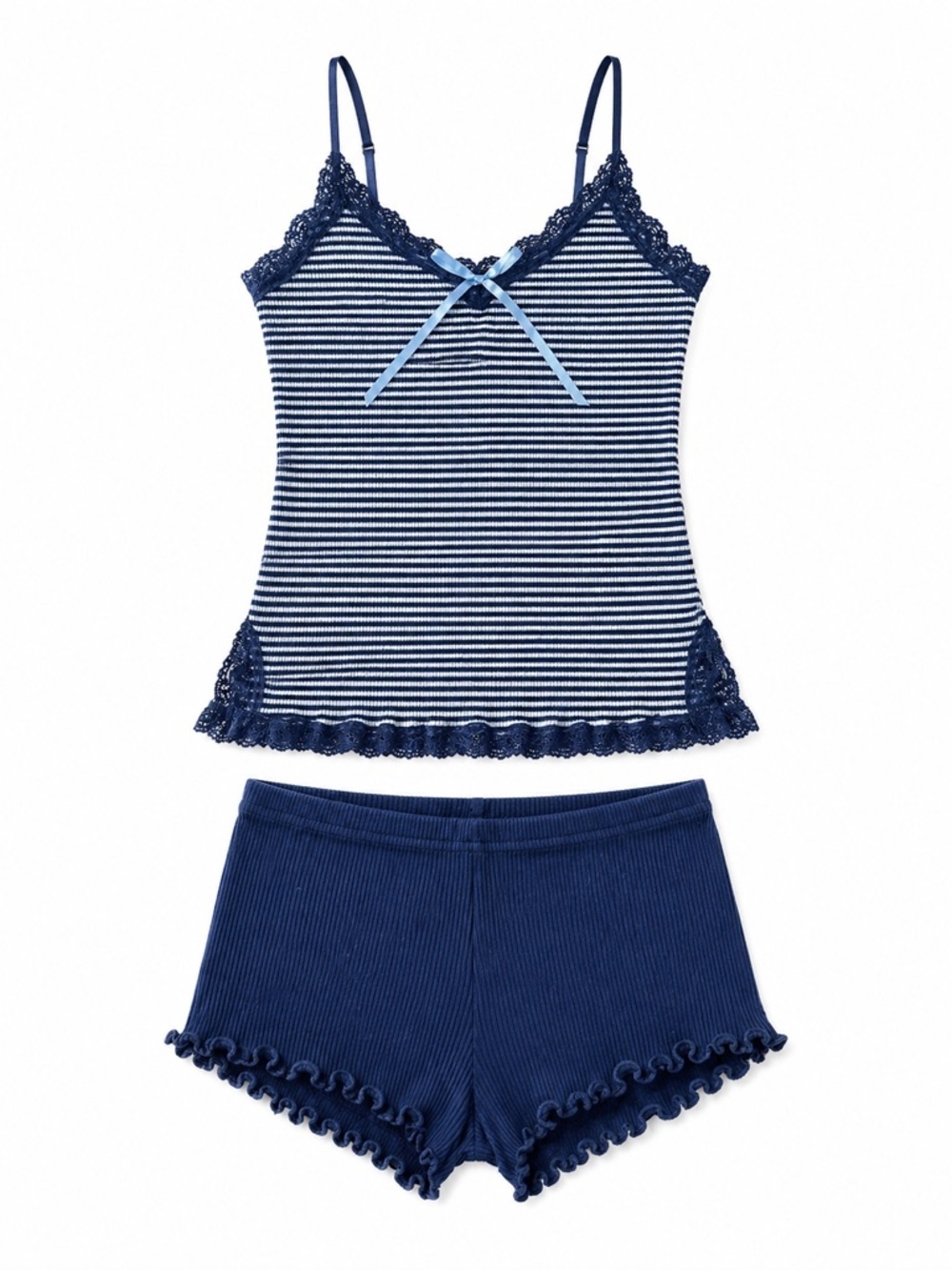 La SENZA Navy & White Striped Lace-Trim Cami and Shorts Set - Picture 2 of 8